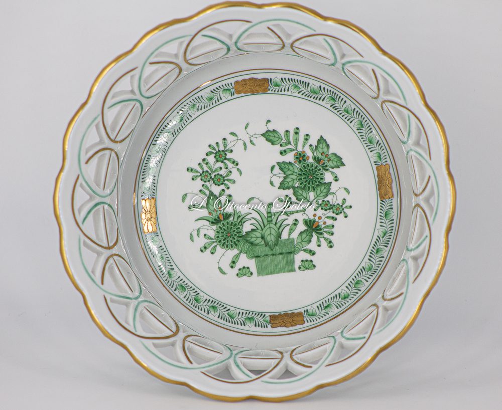 Cestino traforato Herend Indian Basket Verde in porcellana con bordo in oro zecchino, diametro 18 centimetri