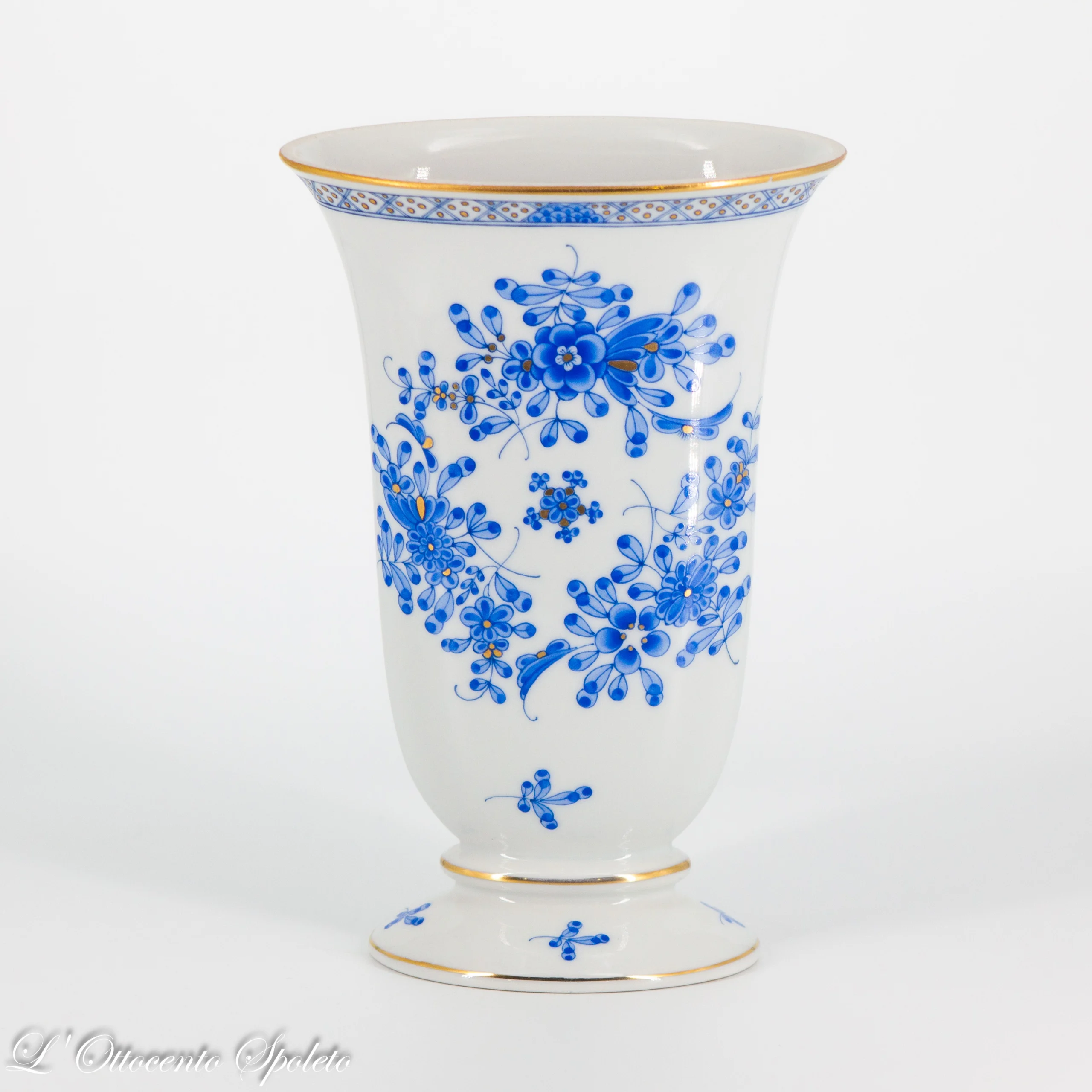 Vaso Herend Waldstein blu con bordo in oro zecchino, vista completa
