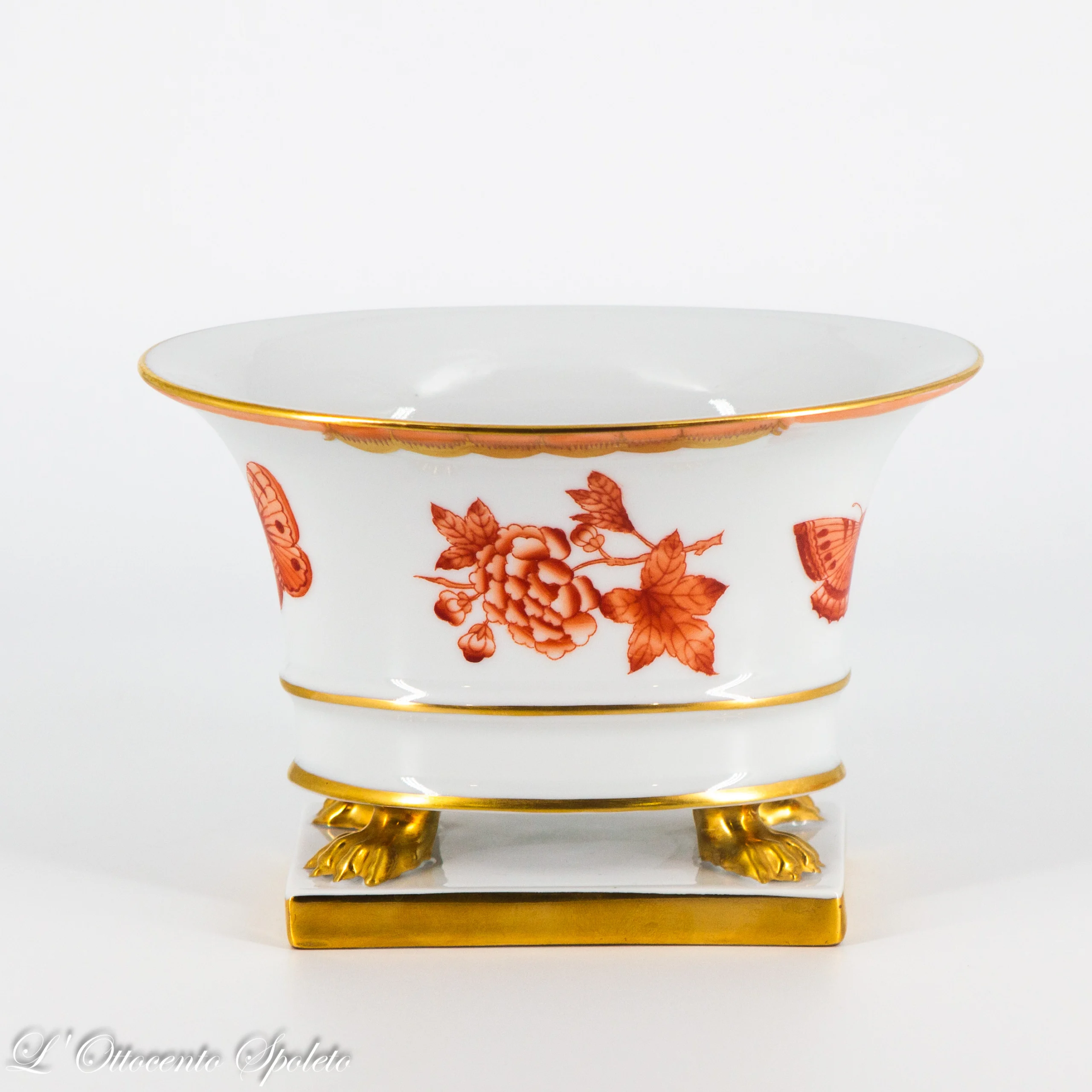 Vaso a cratere Herend Queen Victoria arancio con bordo in oro e base rettangolare