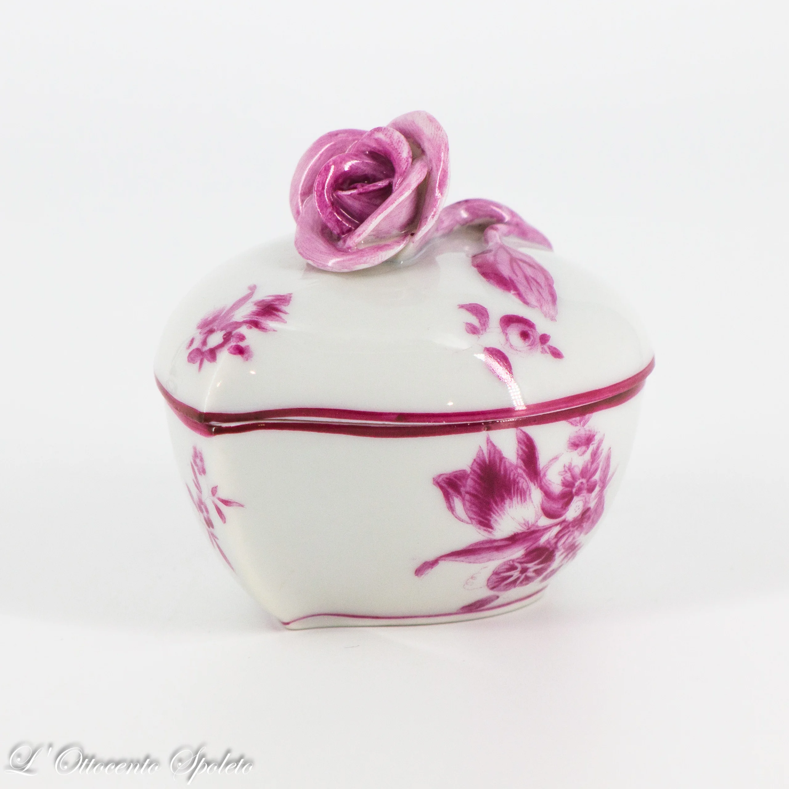 Scatola portagioielli Herend Tulip con decoro rosa e coperchio con rosa in rilievo